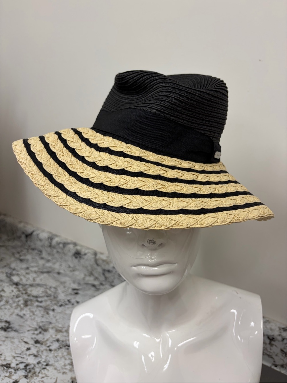 Barbour Black and Natural Braided Brim Sun Hat